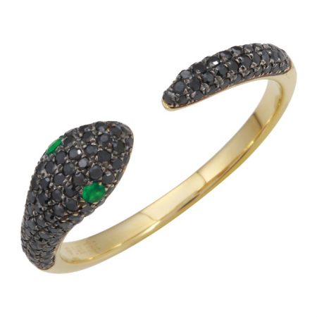 14k yellow gold diamond snake ring with emerald eyes - Size 7