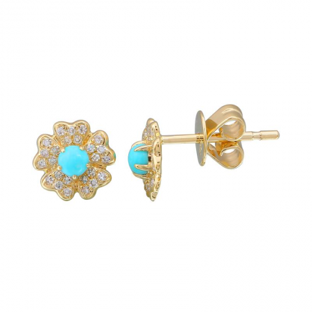 14k yellow gold diamond turq flower studs