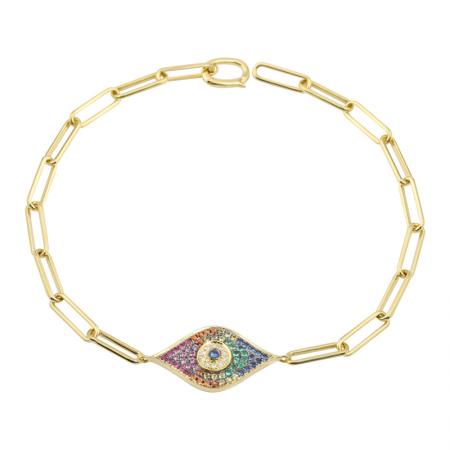 14k yellow gold rainbow evil eye paperclip link bracelet