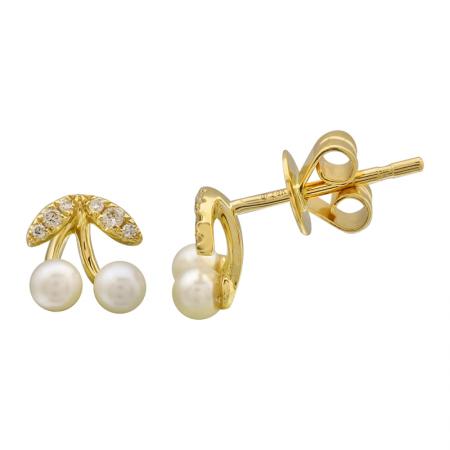 14k gold diamond pearl cherry studs