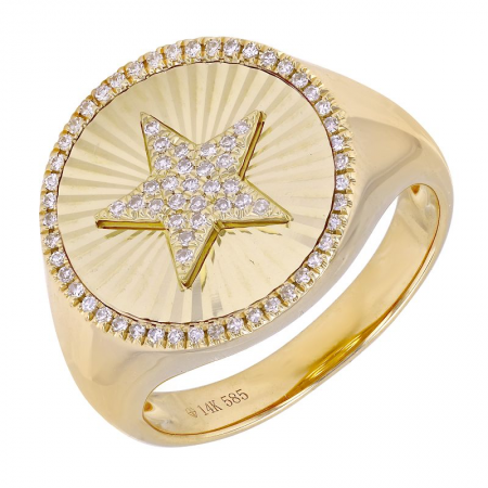 14k yellow gold diamond fluted star signet ring