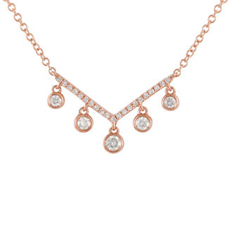 14k rose gold 5 diamond bezel v drop necklace