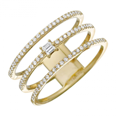 14k gold diamond triple row ring with baguettes