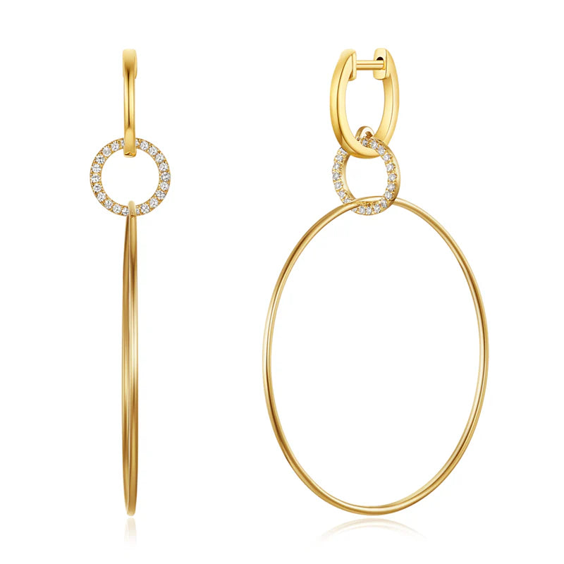 14k gold diamond open circle with gold circle drop earring