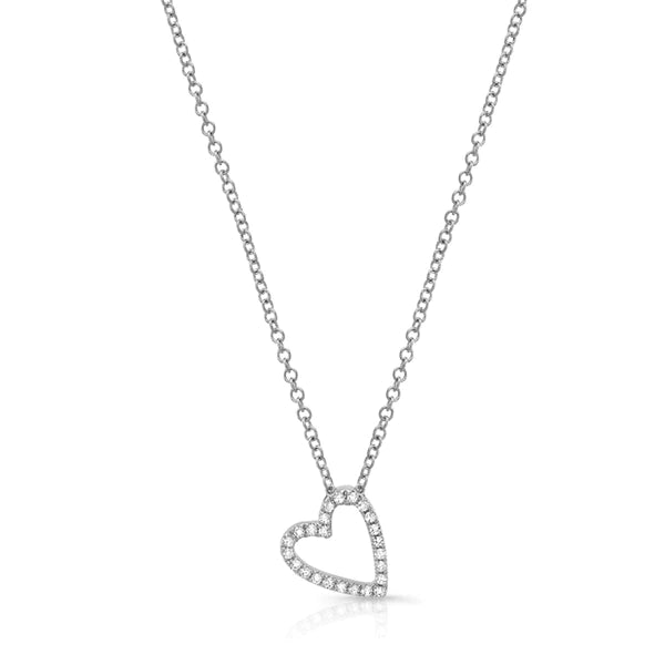 14k white gold diamond slanted open heart necklace