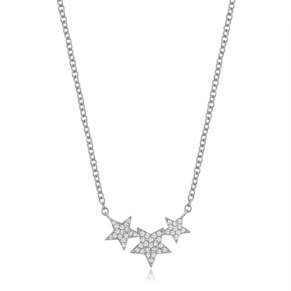 14k white gold diamond triple star necklace