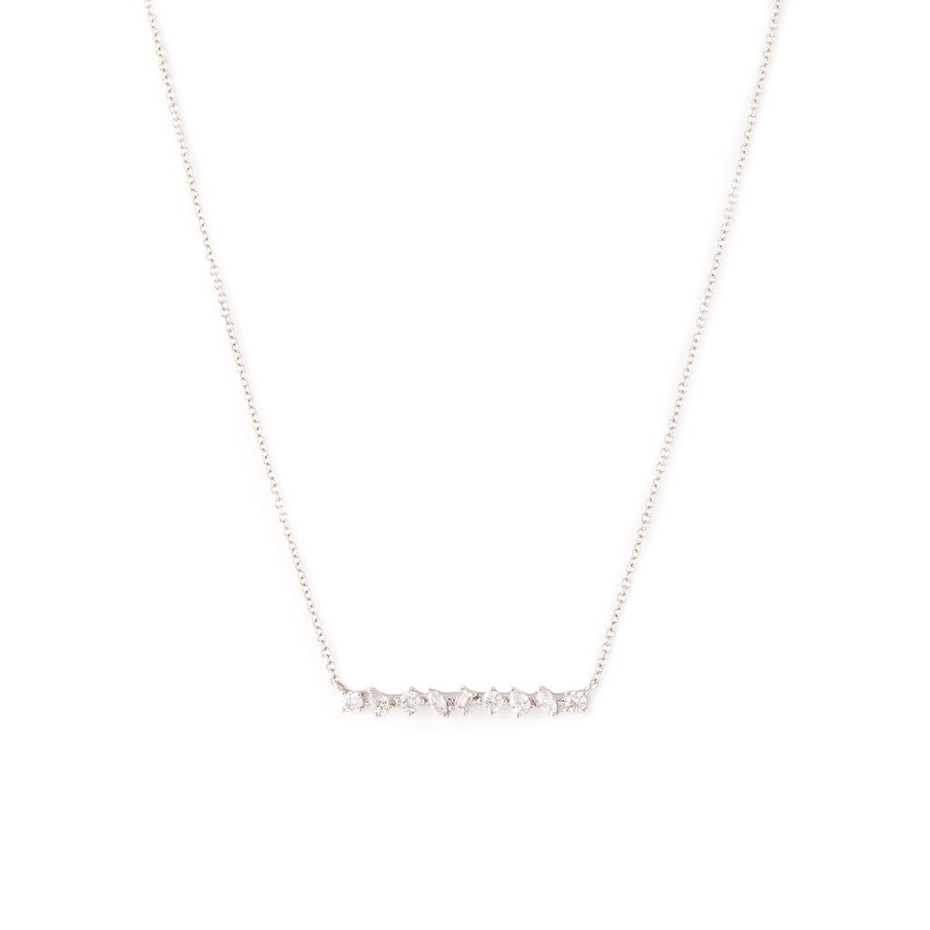 14k white gold diamond shared prong bar necklace