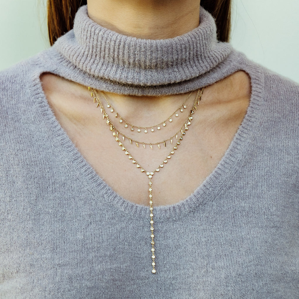 14k gold diamond multi bezel drop necklace