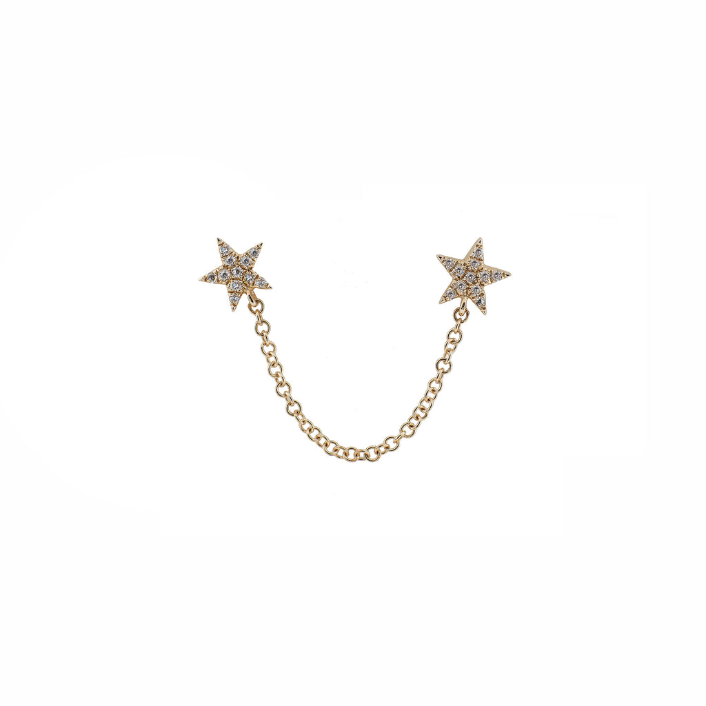 14k gold diamond double star stud with chain