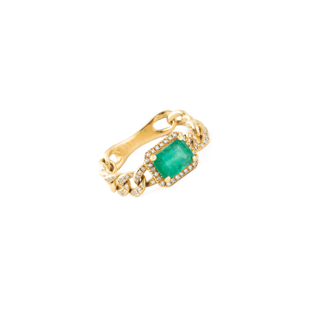 14k yellow gold diamond emerald chain ring - size 7