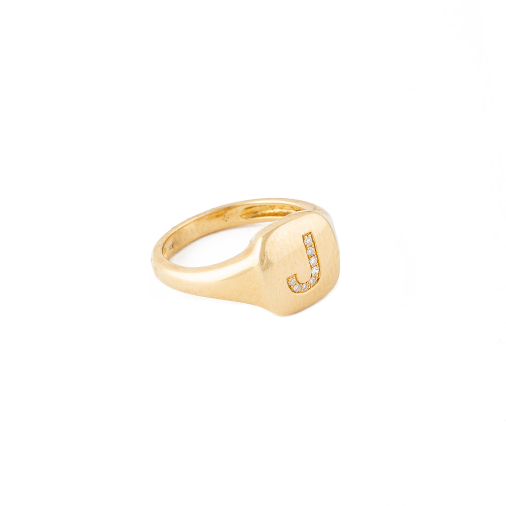 14k yellow gold diamond "J" initial signet ring - size 3.5