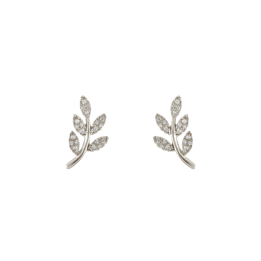 14k white gold diamond leaf studs