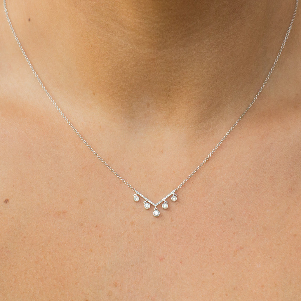 14k rose gold 5 diamond bezel v drop necklace