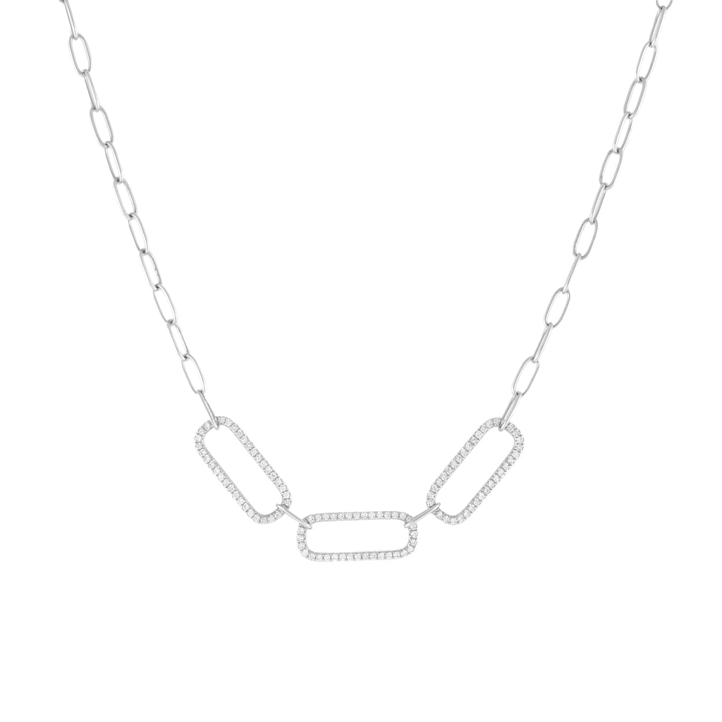 14k white gold triple diamond link paperclip necklace