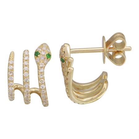 14k gold diamond and emerald snake lobe posts