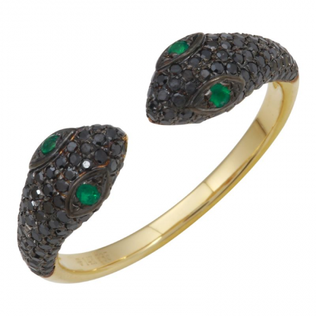 14k yellow gold diamond double snake ring with emerald eyes