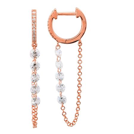 14k gold diamond huggies with floating diamond chain drop