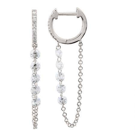 14k gold diamond huggies with floating diamond chain drop
