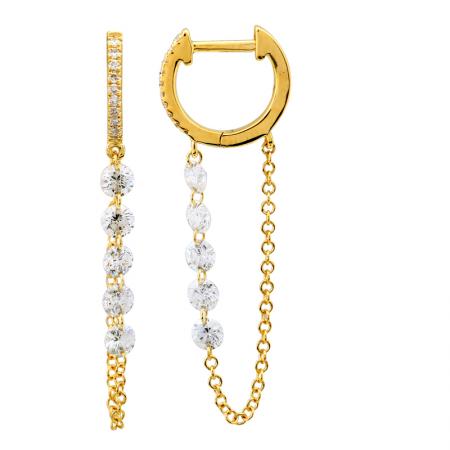 14k gold diamond huggies with floating diamond chain drop
