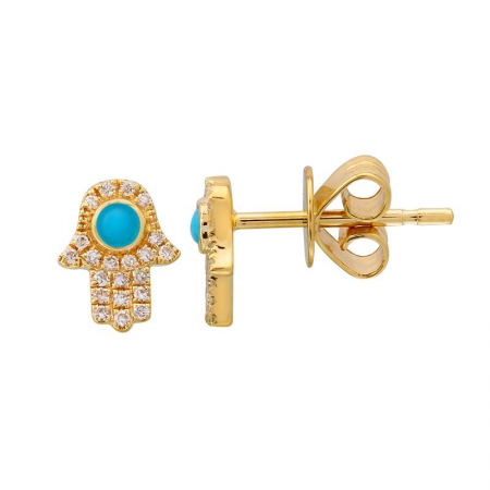 14k yellow gold diamond turq hamsa studs