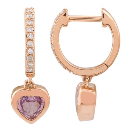 14k gold diamond pink sapphire heart drop huggies