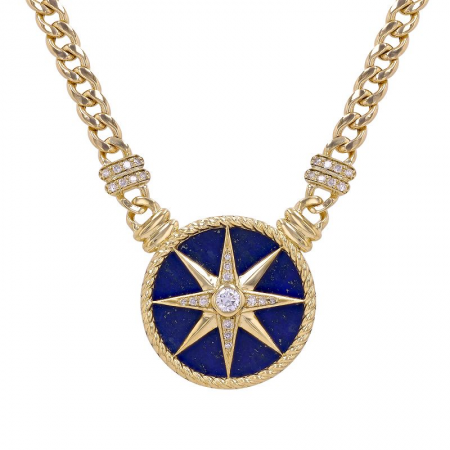 14k yellow gold lapis compass cuban link chain diamond necklace