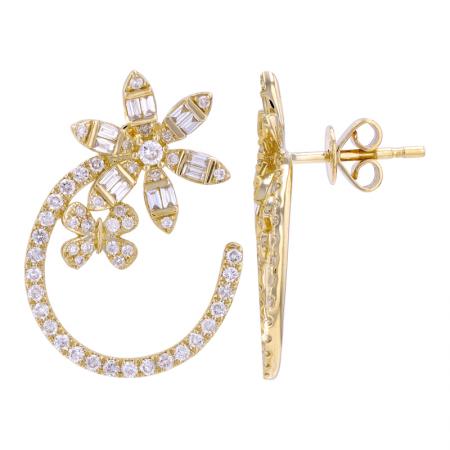 14k gold diamond and baguette flower earrings