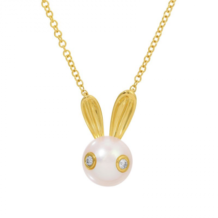 14k gold diamond and pearl bunny necklace