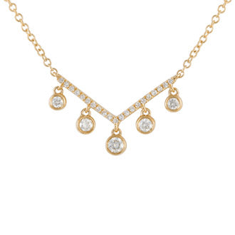 14k gold 5 diamond bezel v drop necklace