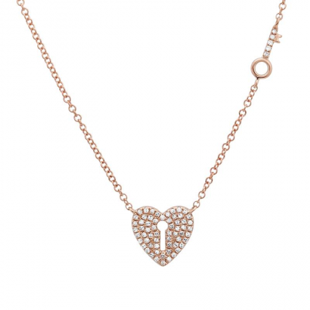 14k gold diamond heart and key necklace