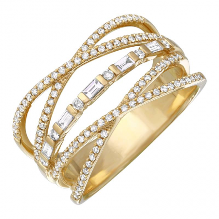 14k gold diamond criss cross ring with baguettes