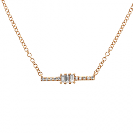 14k rose gold diamond bar with 3 baguettes necklace