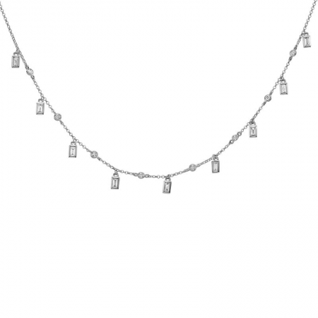 14k gold diamond bezel and baguette drop necklace