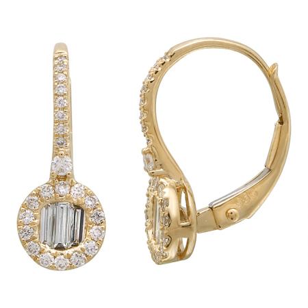 14k gold diamond baguette lever back earrings