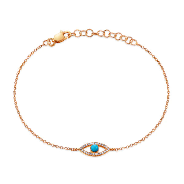 14k gold turq and diamond evil eye bracelet