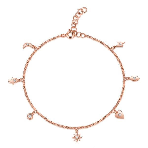 14k gold bitty diamond multi charm bracelet