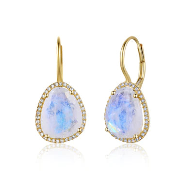 14k gold organic moonstone and diamond drop earrings