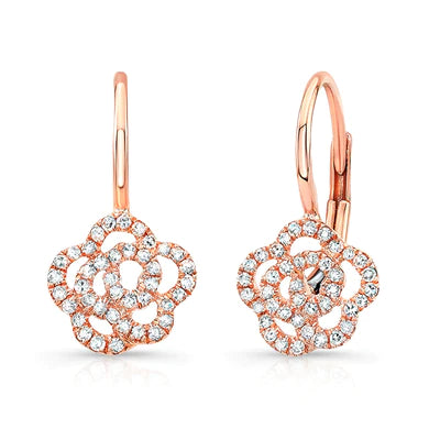 14k gold diamond rosette drop lever back earrings