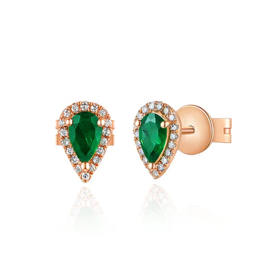 14k gold diamond and emerald pear shape studs