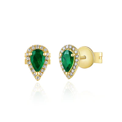 14k gold diamond and emerald pear shape studs