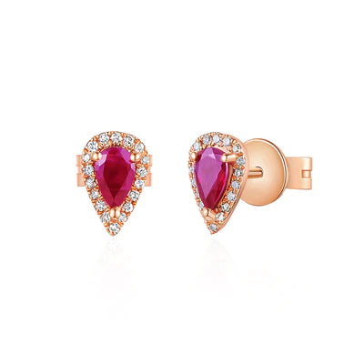 14k gold diamond and ruby pear shape studs