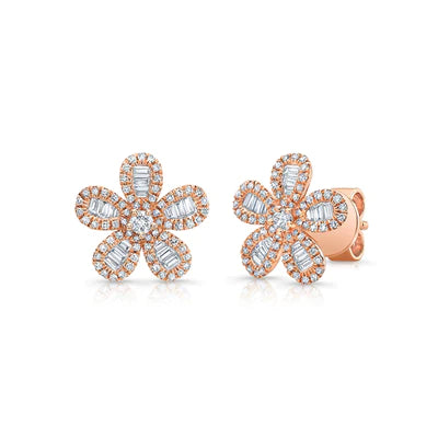 14k gold diamond baguette daisy earrings