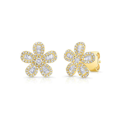 14k gold diamond baguette daisy earrings