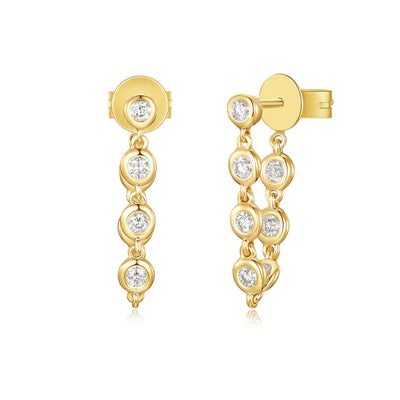 14k gold bezel set chain drop post earring
