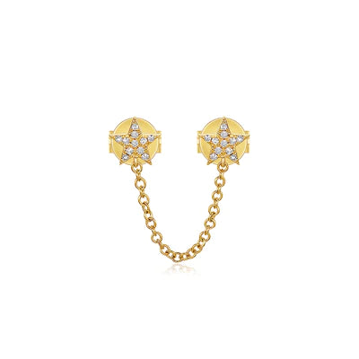 14k gold diamond double star stud with chain