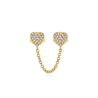 14k gold diamond double heart with chain studs