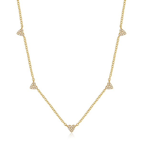 14k gold and diamond scattered hearts necklace