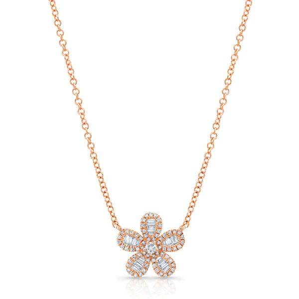 14k gold diamond and baguette daisy necklace