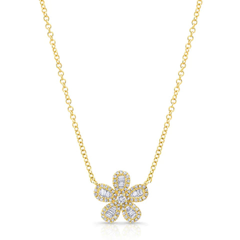14k gold diamond and baguette daisy necklace