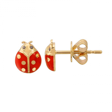 14k yellow gold black diamond enamel ladybug studs - Single Stud